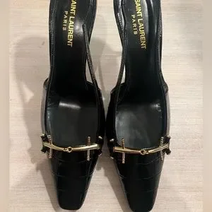 Saint Laurent | Shoes | Saint Laurent Blade Slingback Pumps  YSL Womens Patent Leather Crocodile-Embossed Platform Pumps Size 38 Black main image 0